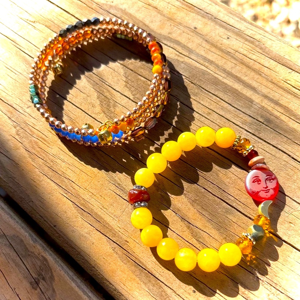 🆕 Gypsy Moon Face Celestial & Gemstone Bead Bracelet Bundle Set of 2